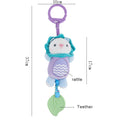 Baby toy with mermaid design and measurements on a white background