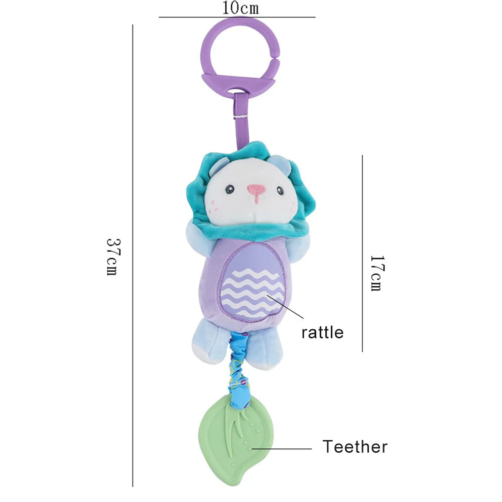 Baby toy with mermaid design and measurements on a white background