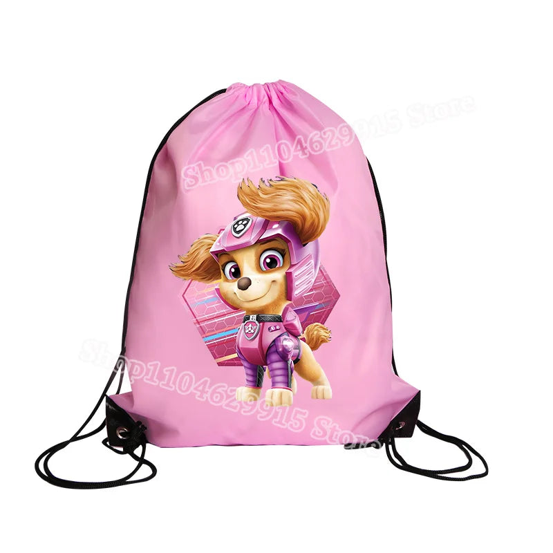 Pink drawstring bag with a character design on a white background