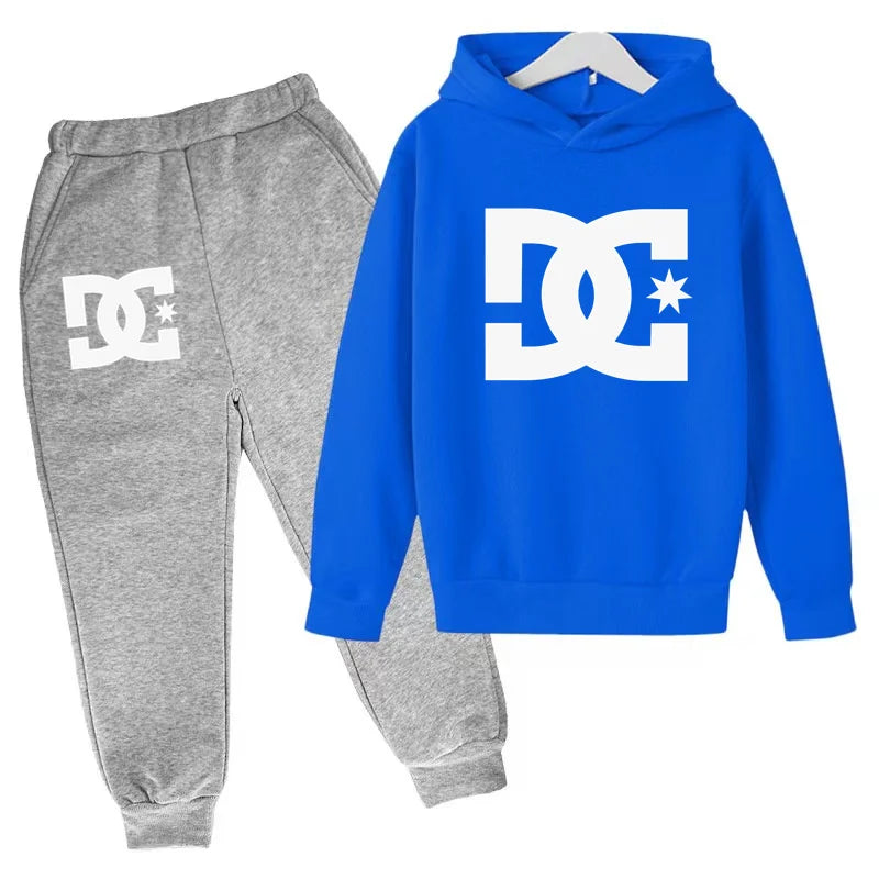 Blue hoodie and gray sweatpants with DC logo on a white background