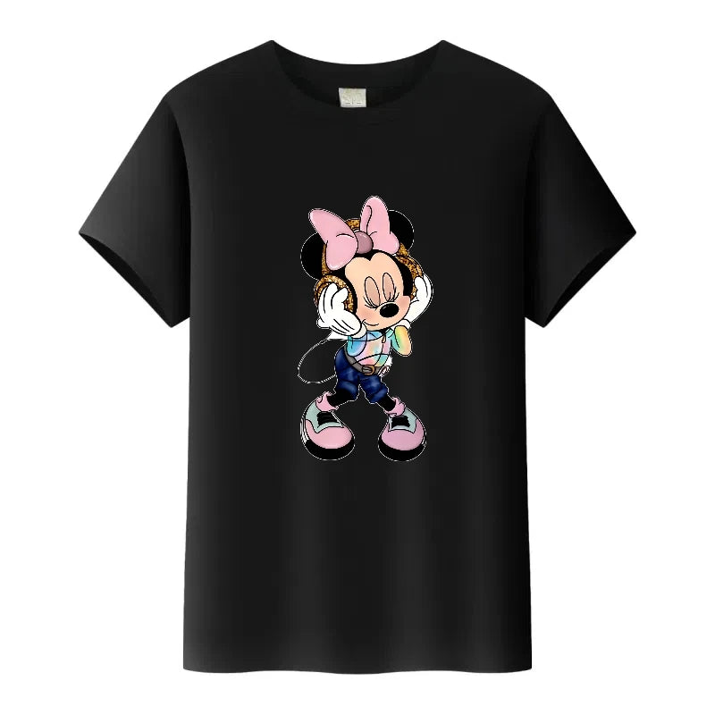 Black t-shirt with a cartoon character design on a white background