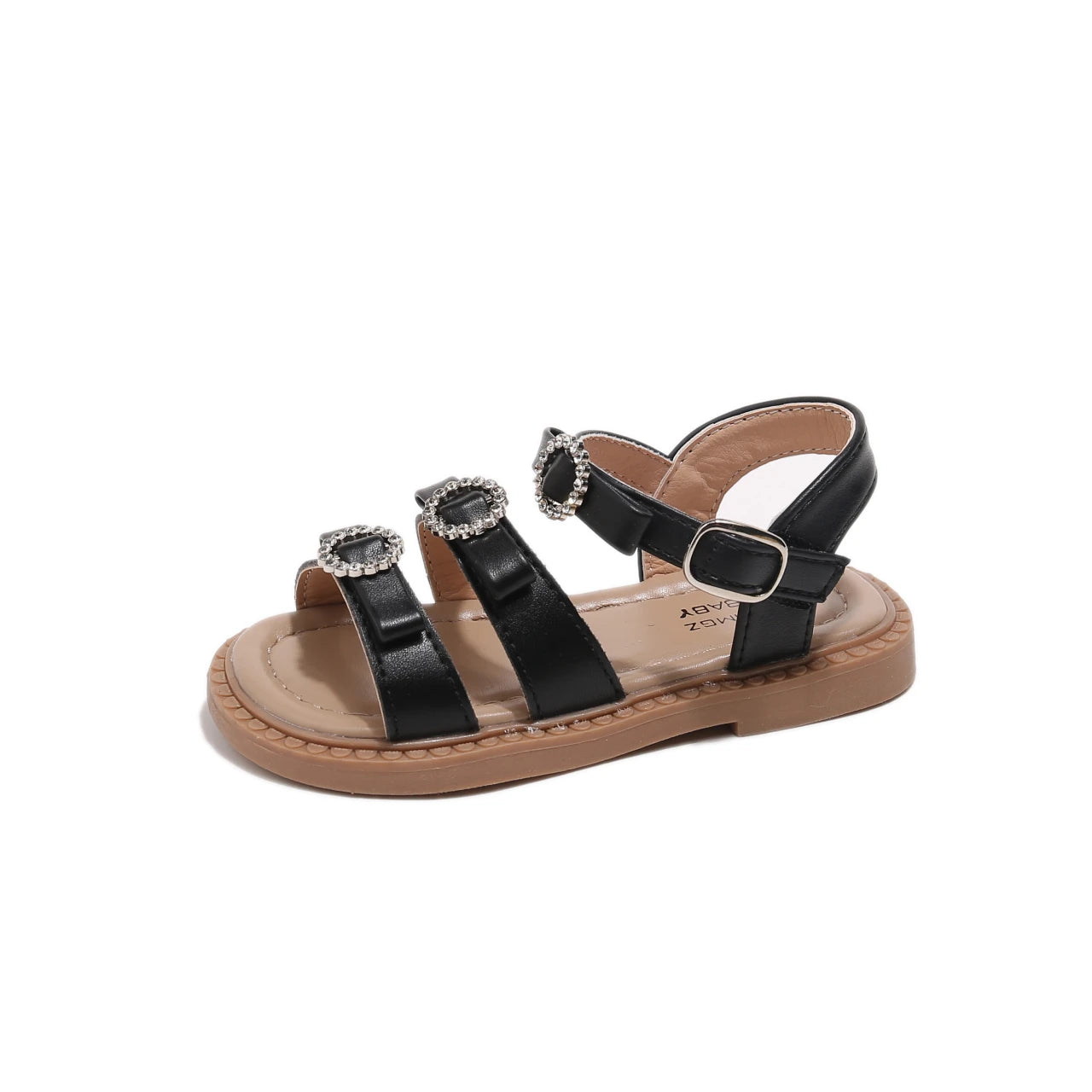 Black sandal with decorative straps on a white background