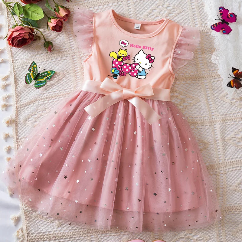 Pink Hello Kitty dress with a bow on a textured surface with flowers and butterflies.