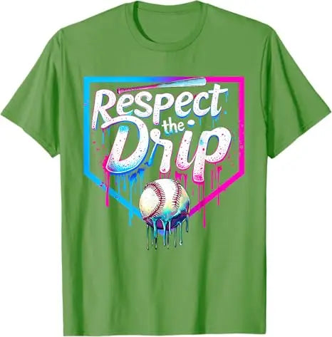 Green t-shirt with 'Respect the Drip' graphic and baseball design on a white background