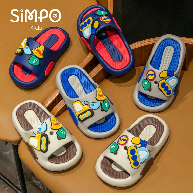 Colorful children's sandals with cartoon designs on a wooden surface, branded 'Simpo Kids'.