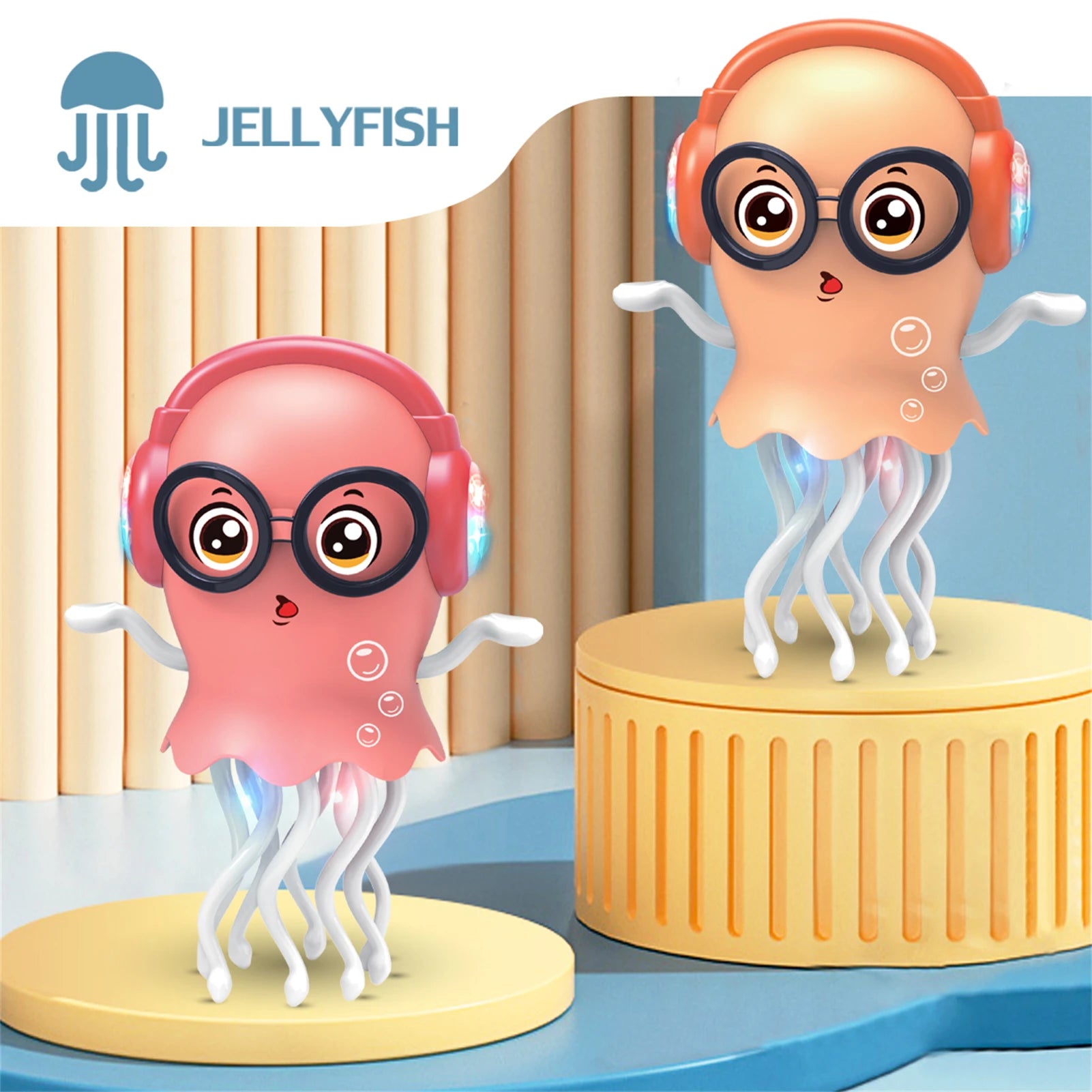 Two animated jellyfish characters with headphones and glasses on a colorful background, featuring the brand 'Jellyfish'.