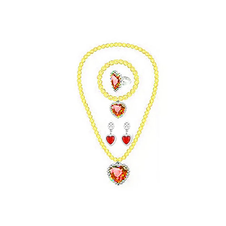 Jewelry set with yellow beads, heart-shaped pendants, and earrings on a white background