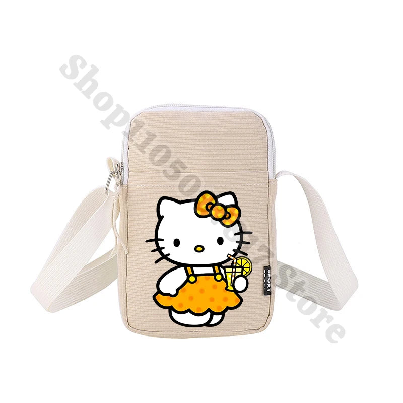 Beige crossbody bag with Hello Kitty design on a white background