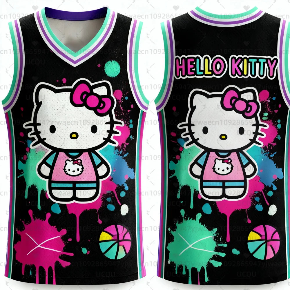 Hello Kitty-themed basketball jersey with colorful design on a black background
