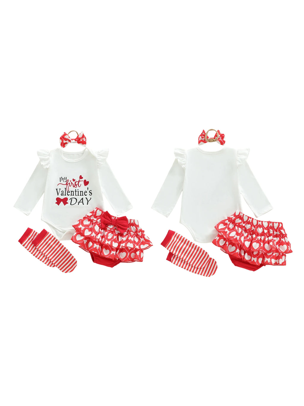 Valentine's Day-themed baby outfit with red and white polka dot ruffles on a white background.