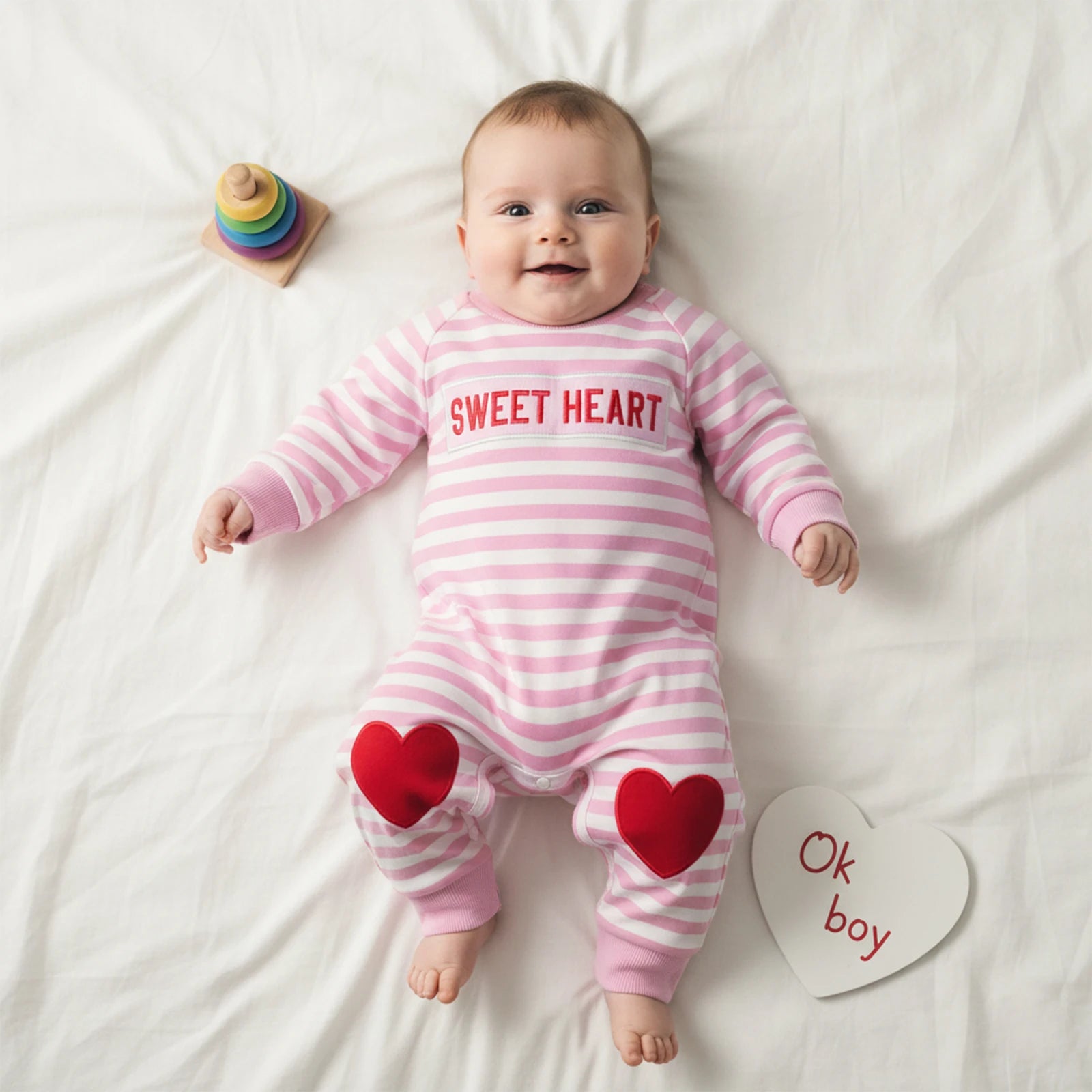 Baby wearing a pink and white striped onesie with red hearts on a white blanket.