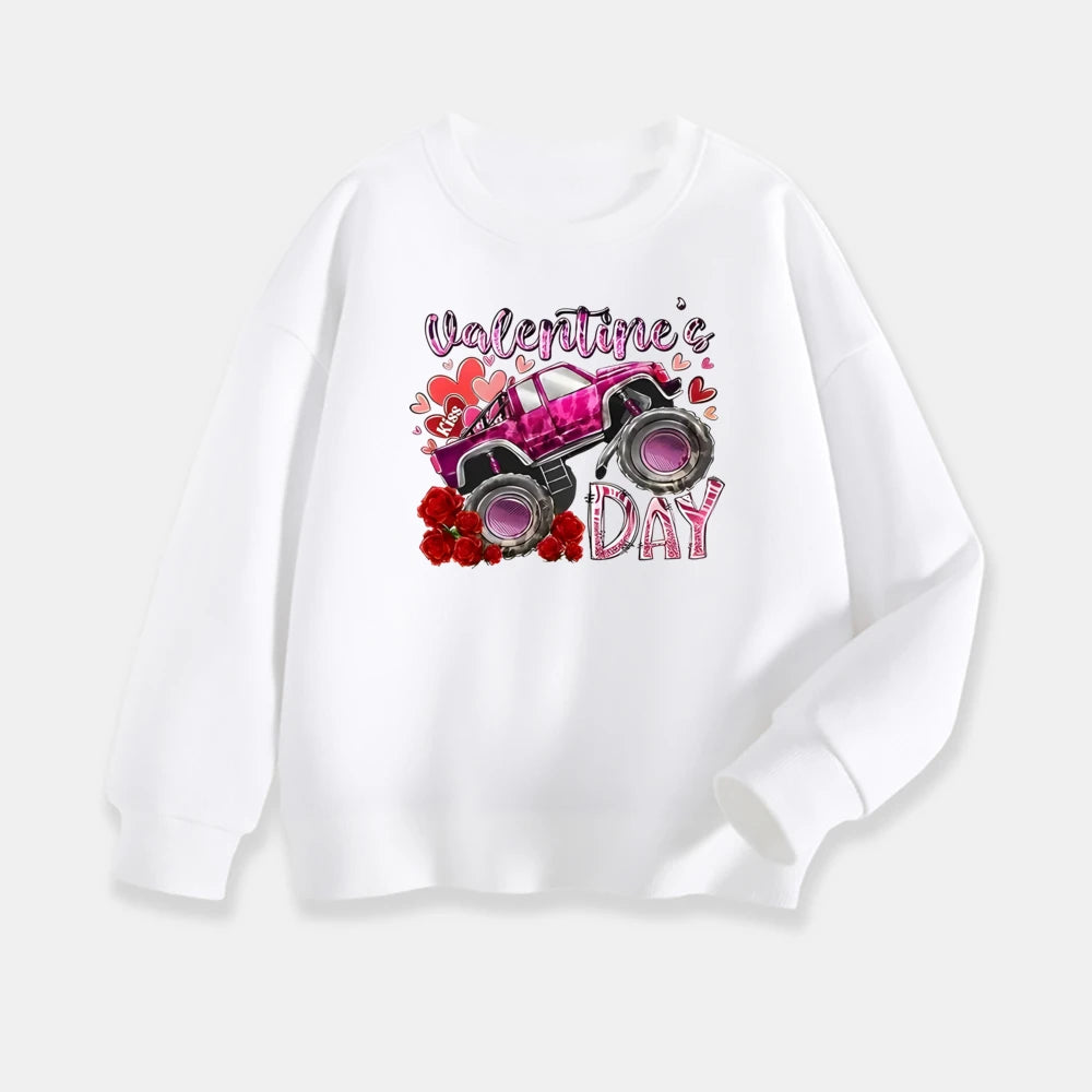White sweatshirt with Valentine's Day design featuring a pink truck and flowers on a white background