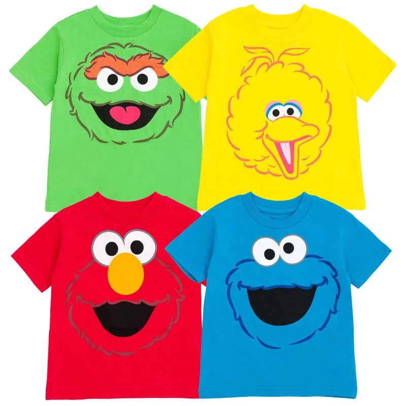 Four Sesame Street character t-shirts in green, yellow, red, and blue.