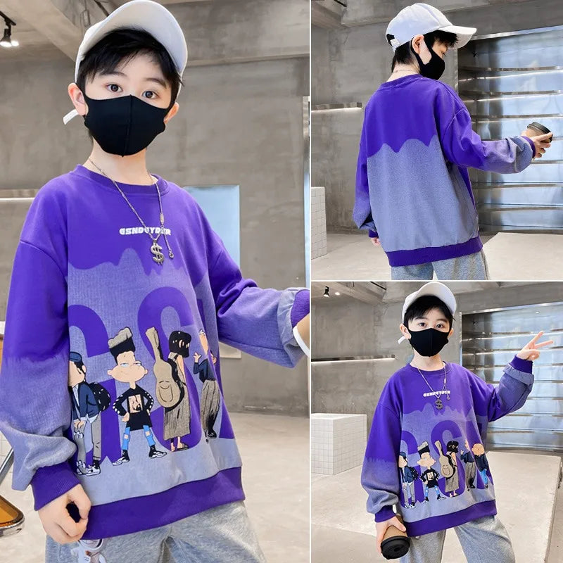 Child wearing a purple sweater with cartoon characters, standing in an indoor setting.