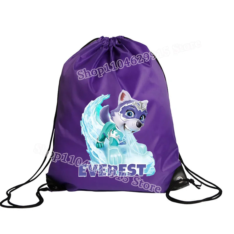 Purple drawstring bag with a character design on a white background
