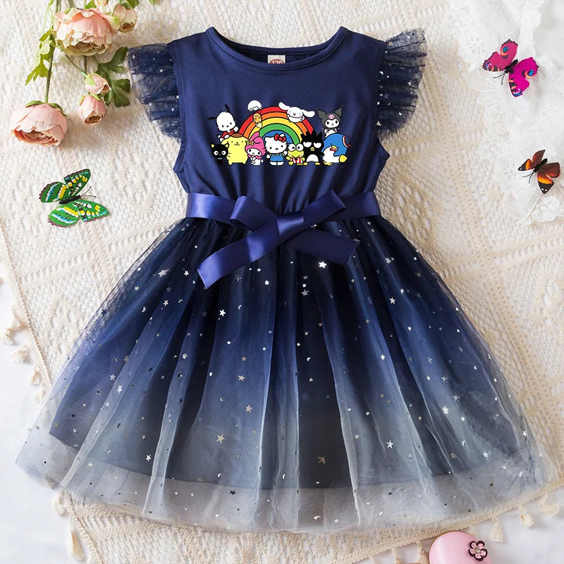 Navy blue dress with cartoon characters and a purple bow on a textured surface.