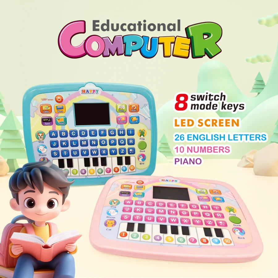 Educational toy computer with LED screen, keyboard, and cartoon character on a light green background