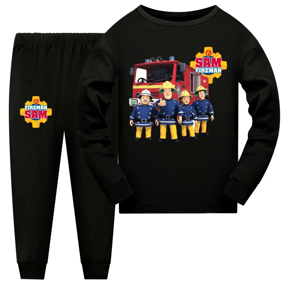 Black pajama set with Fireman Sam design featuring characters and a fire truck.