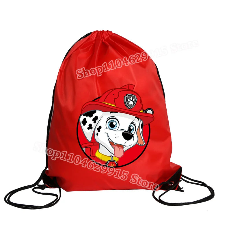 Red drawstring bag with a cartoon dog wearing a fire helmet on a white background