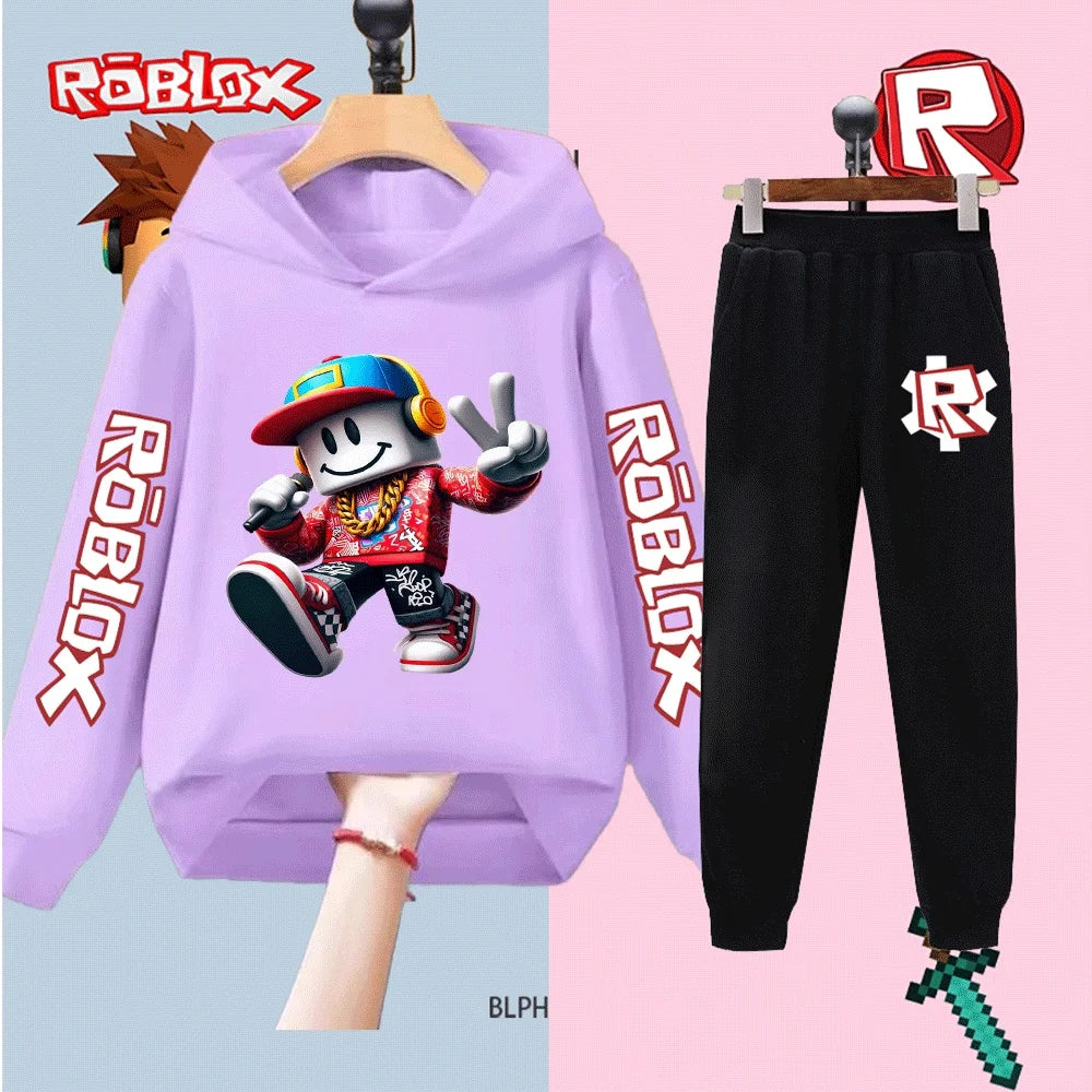Purple hoodie with Roblox character and black pants on a split background with Roblox logo.
