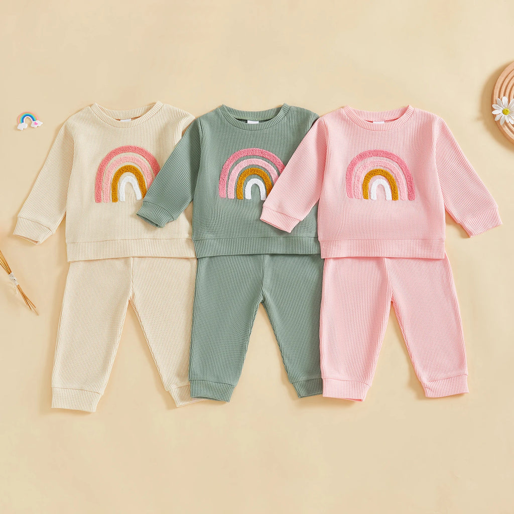 Rainbow Embroidery Long Sleeve Pullover with Pants 2 Pcs Set
