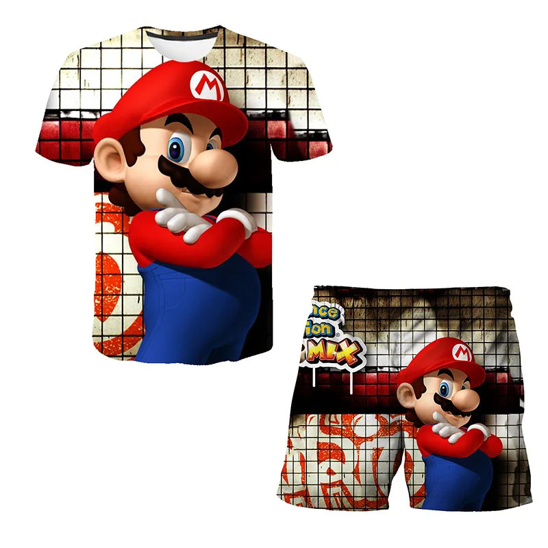 T-shirt and shorts set with Mario character design on a white background