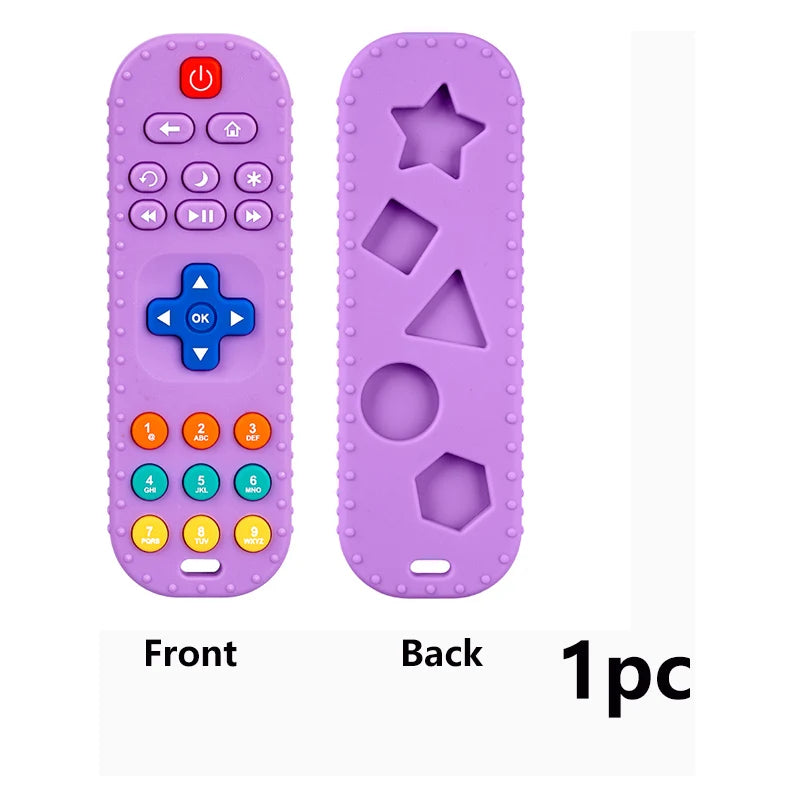 Purple toy remote control with front and back views on a white background