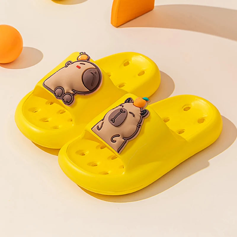 Yellow slides with cartoon dog faces on a beige background