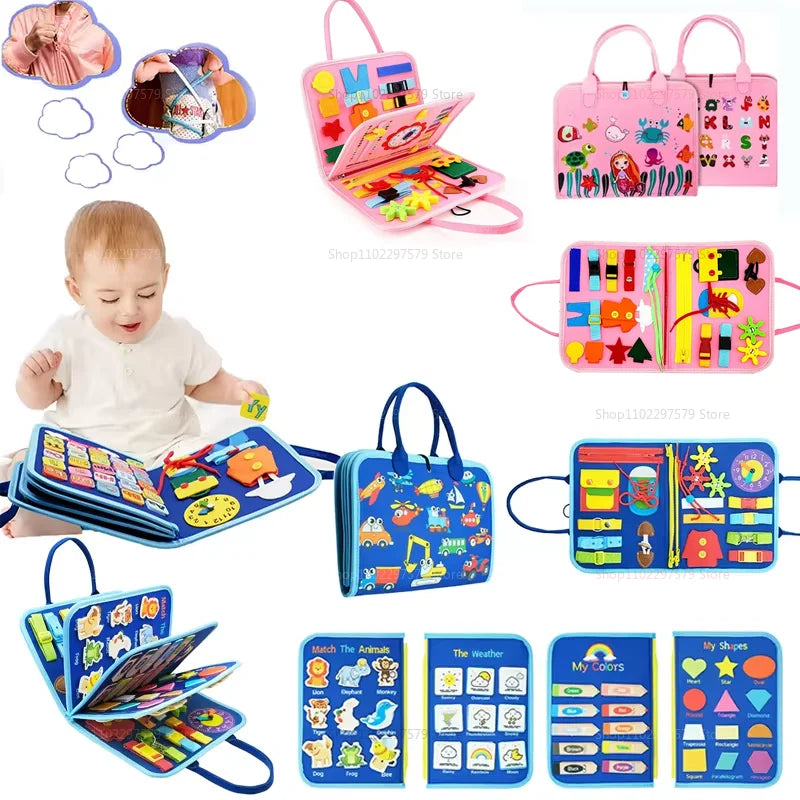 Collage of educational toys for children with a baby playing with one of them.