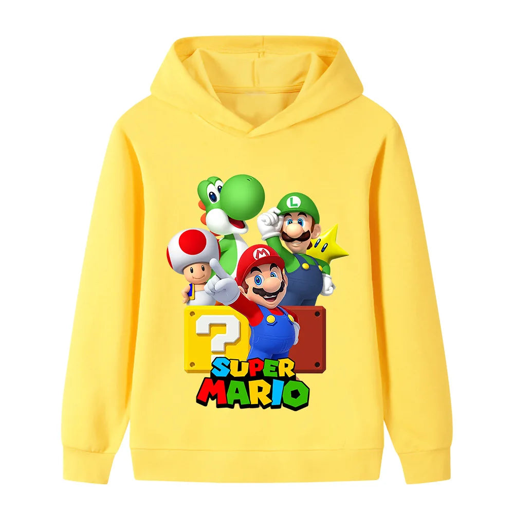 Yellow hoodie with Super Mario characters on a white background
