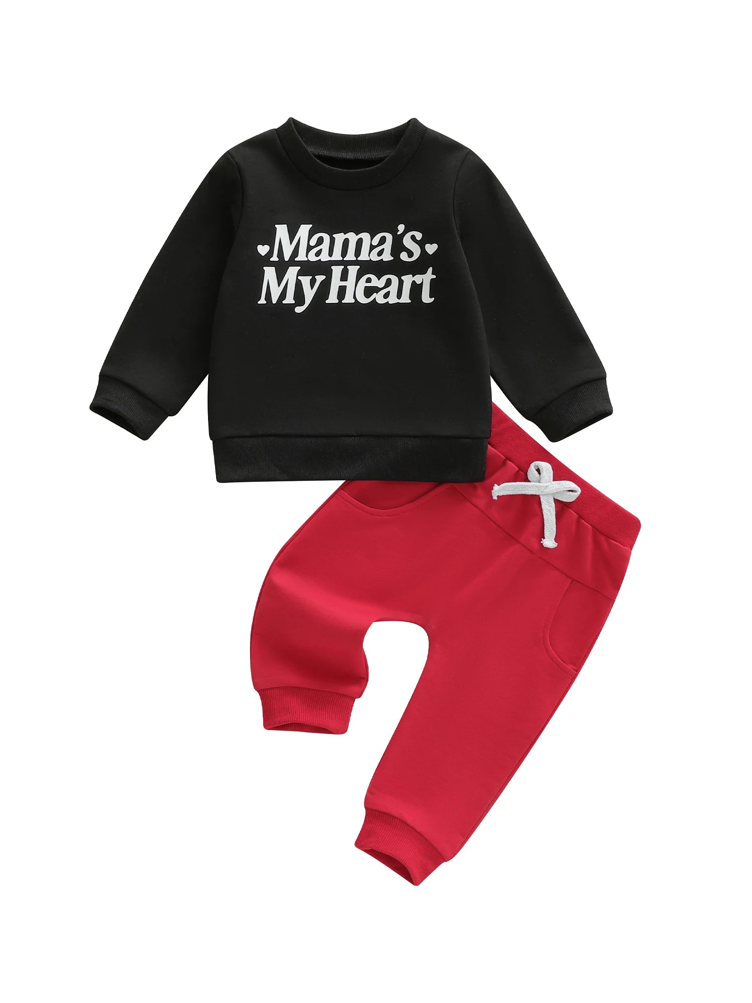 Black sweatshirt with 'Mama's My Heart' text and red pants on a white background