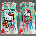 Hello Kitty-themed basketball jersey with colorful design on a gray background