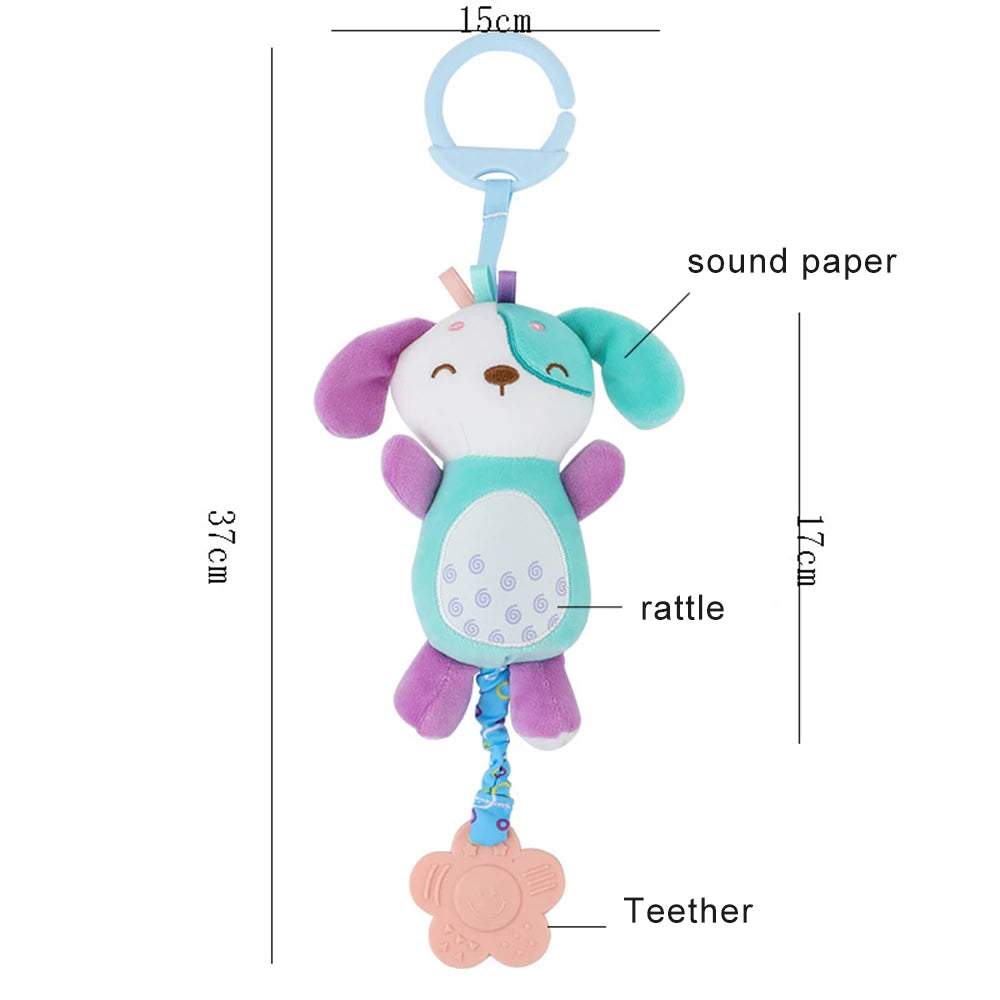 Baby toy with measurements and labeled parts on a white background