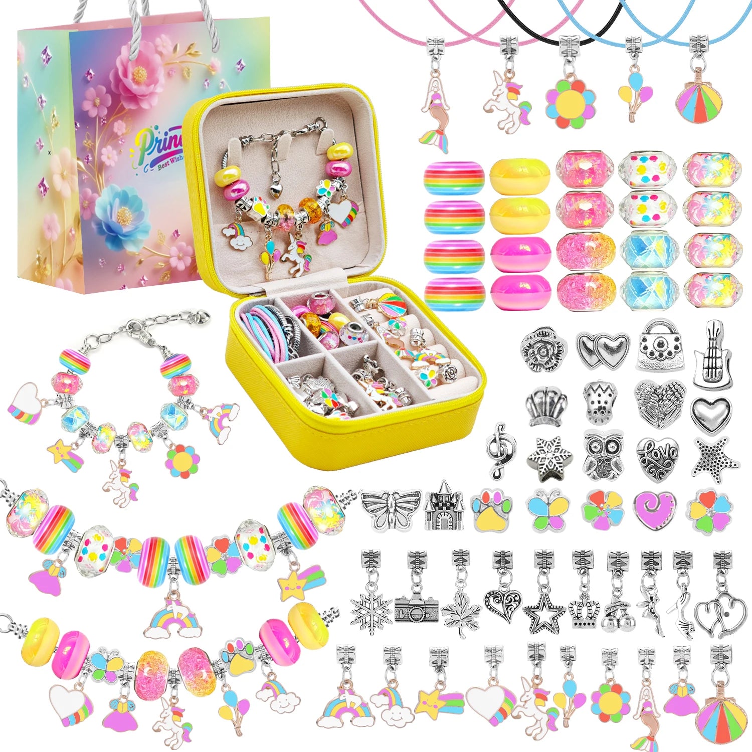 Jewelry making kit with colorful beads and charms in a yellow organizer.