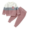 Knitted sweater and pants set with color-blocked design on a white background