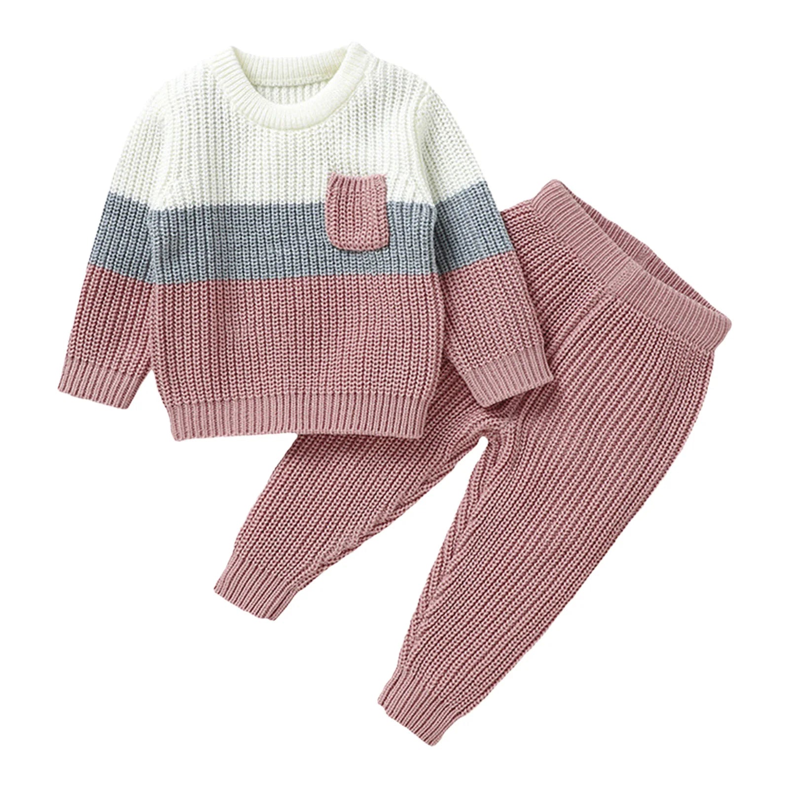 Knitted sweater and pants set with color-blocked design on a white background