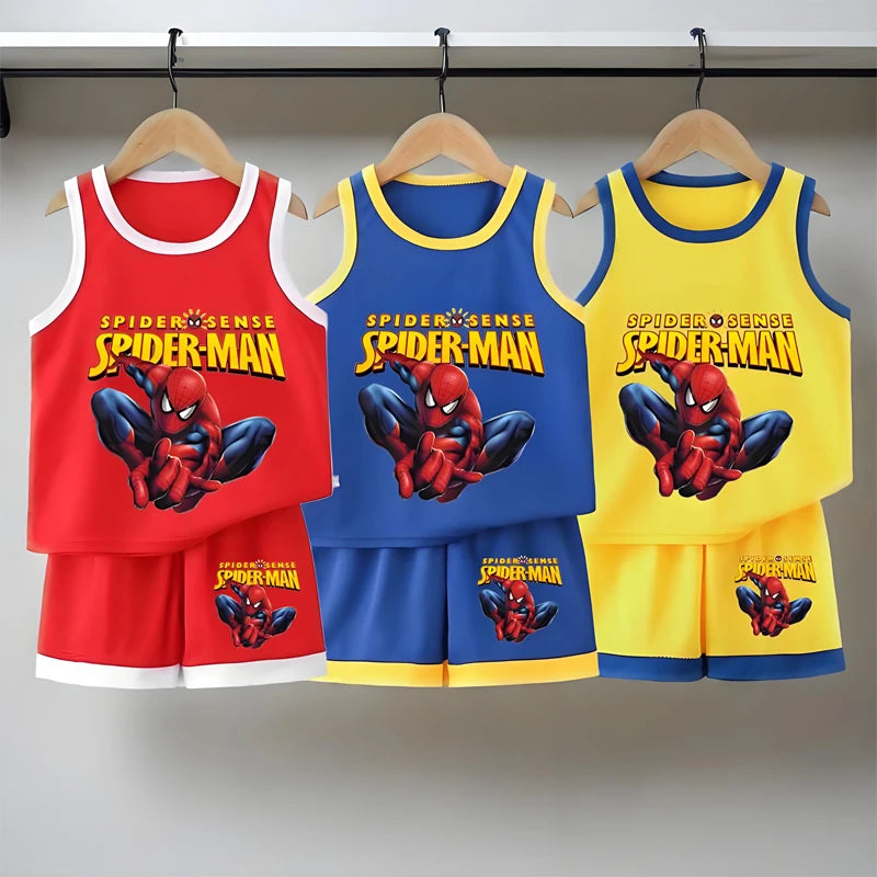Three children's tank tops with Spider-Man design on hangers against a white background
