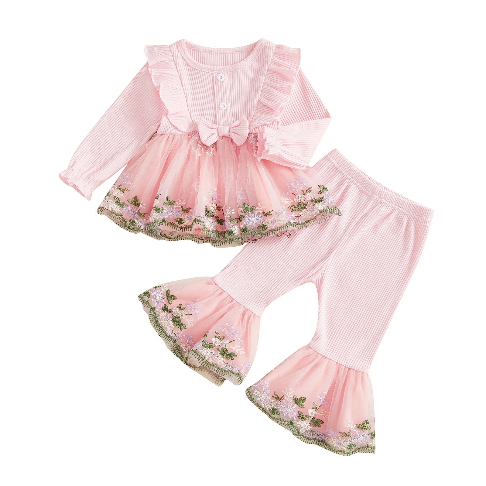 Pink baby outfit with floral details on a white background