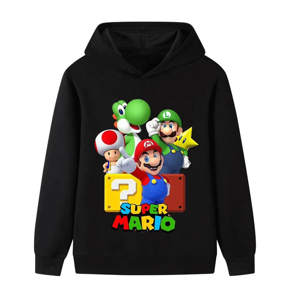 Black hoodie with Super Mario characters and text on a white background