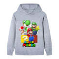 Gray hoodie with Super Mario characters and logo on a white background