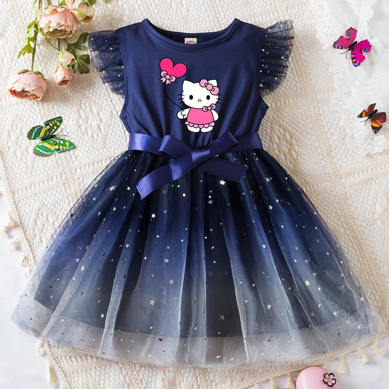 Navy blue dress with a cartoon character on a textured surface with decorative elements.