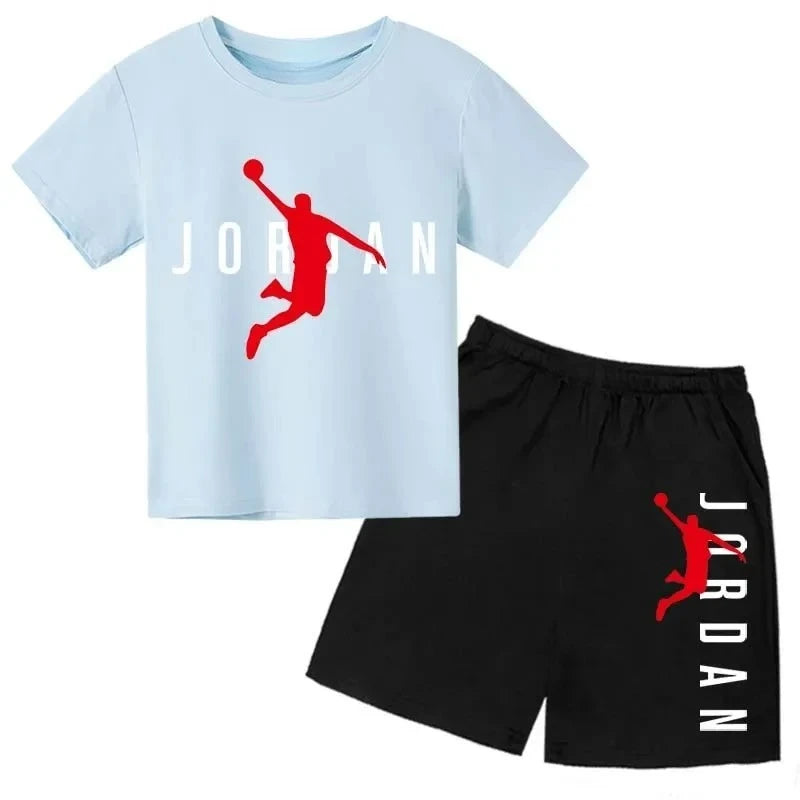 Light blue t-shirt and black shorts with red 'Jordan' logo on a white background