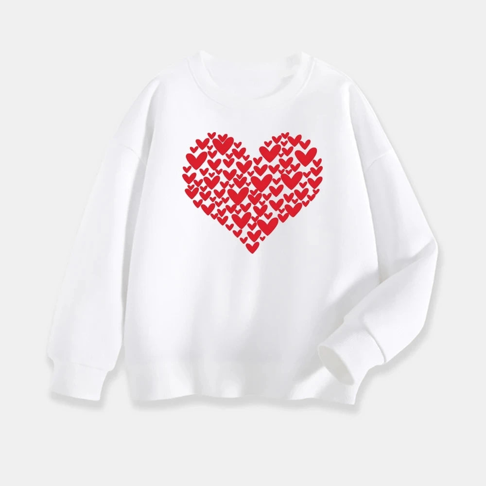 White sweatshirt with a red heart design on a white background