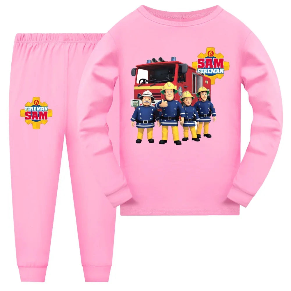 Pink pajama set with Fireman Sam design on a white background