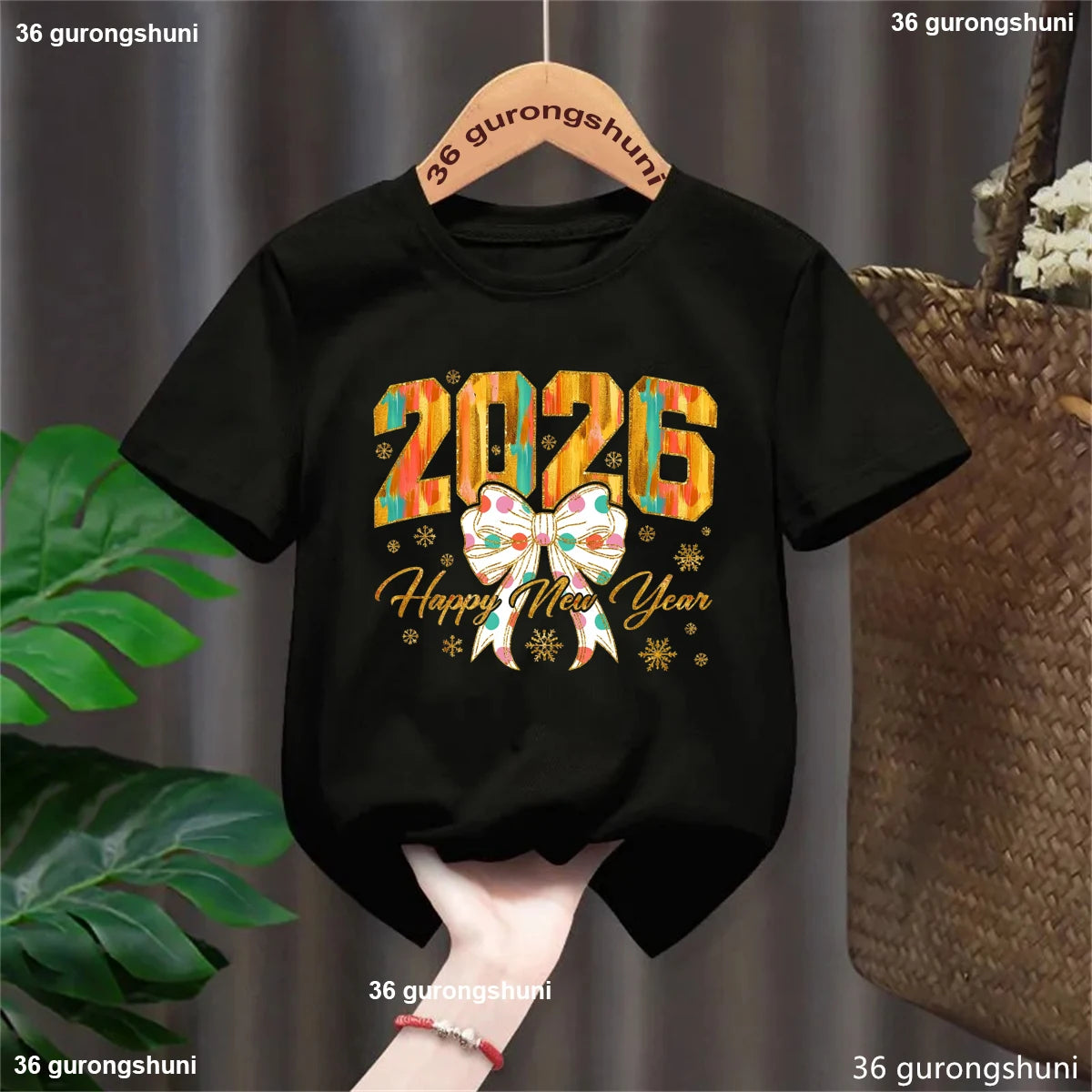2026 Happy New Year Bow T-Shirt - Kids Celebration Tee