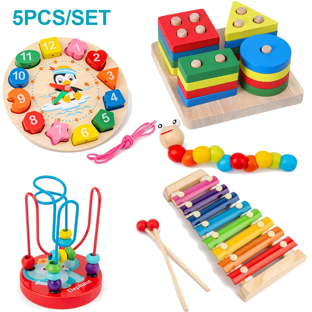 Set of colorful wooden educational toys including a clock, shape sorter, bead maze, xylophone, and maracas on a white background.