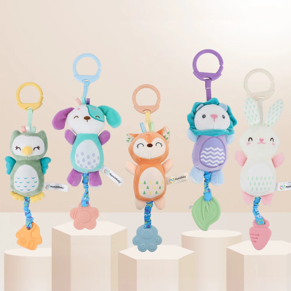 Set of colorful animal-themed baby toys on stands with a soft beige background