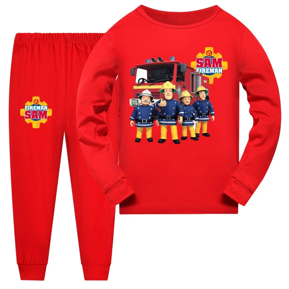 Red children's pajama set with Fireman Sam design on a white background