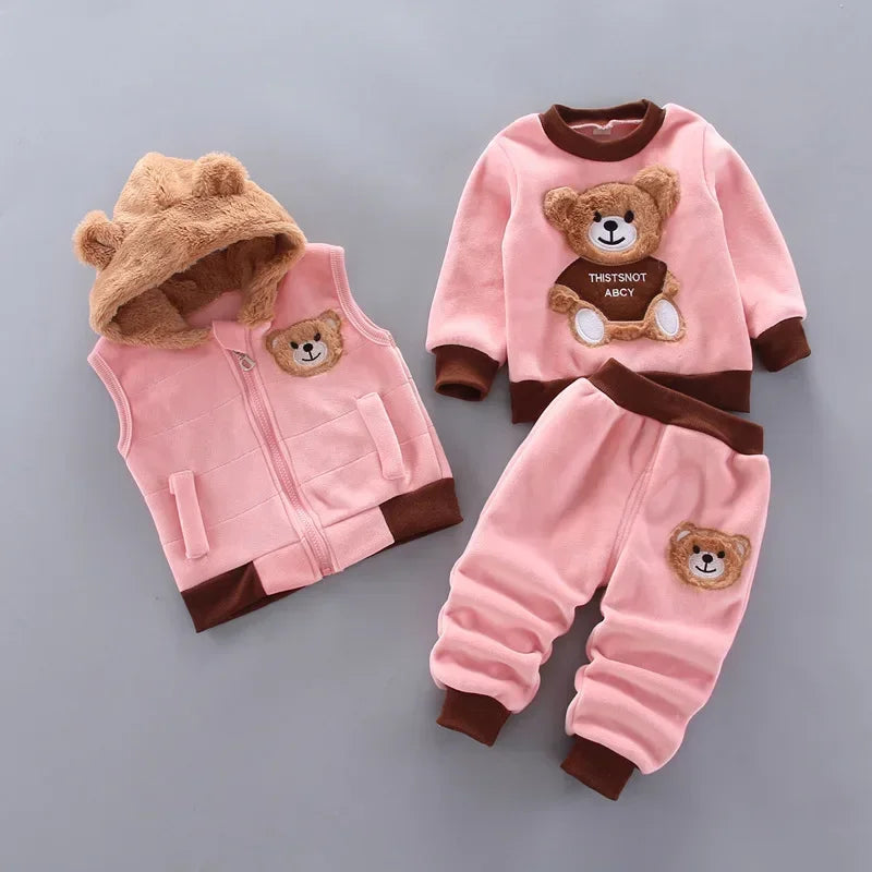 Children's pink and brown teddy bear-themed outfit on a gray background