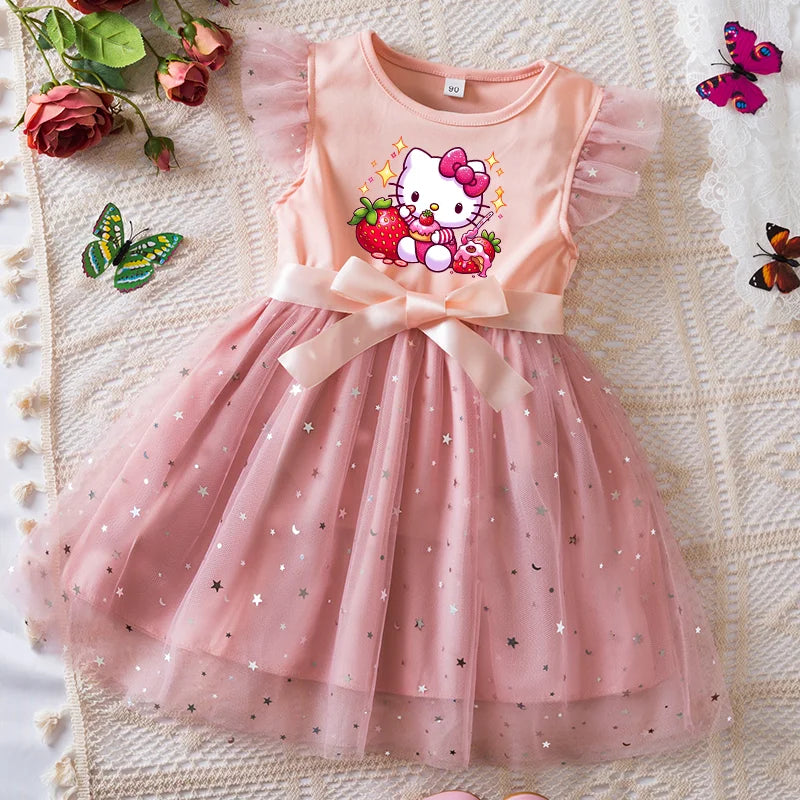 Pink dress with cartoon character on a textured surface with flowers and butterflies.